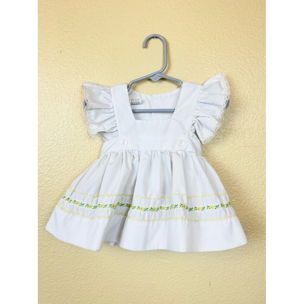 Vintage Baby Pinafore Dress White 12m‎ Yellow & Green Embroidery Flutter Sleeve